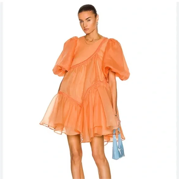 Aje Riviera Asymmetric Braided Puff Sleeve Dress Mandarin Orange 4 NWOT